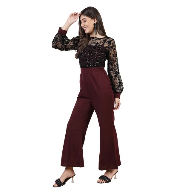 Athena Women's Floral Self Design Embellished Basic Jumpsuit | Maroon and Black - S