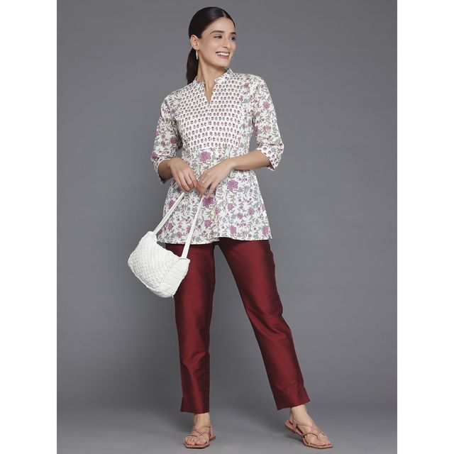 Libas Women's Off White Printed Cotton Blend Straight Kurti | M