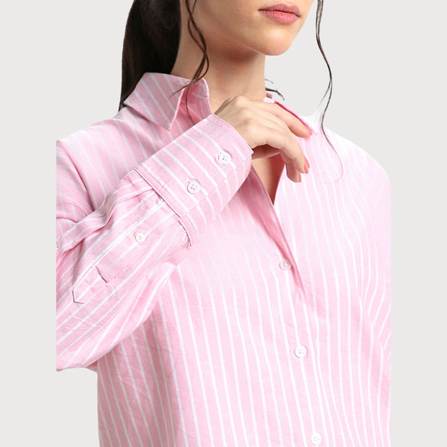 DL Women's Oversized Vertical Stripes Pure Cotton Oxford Casual