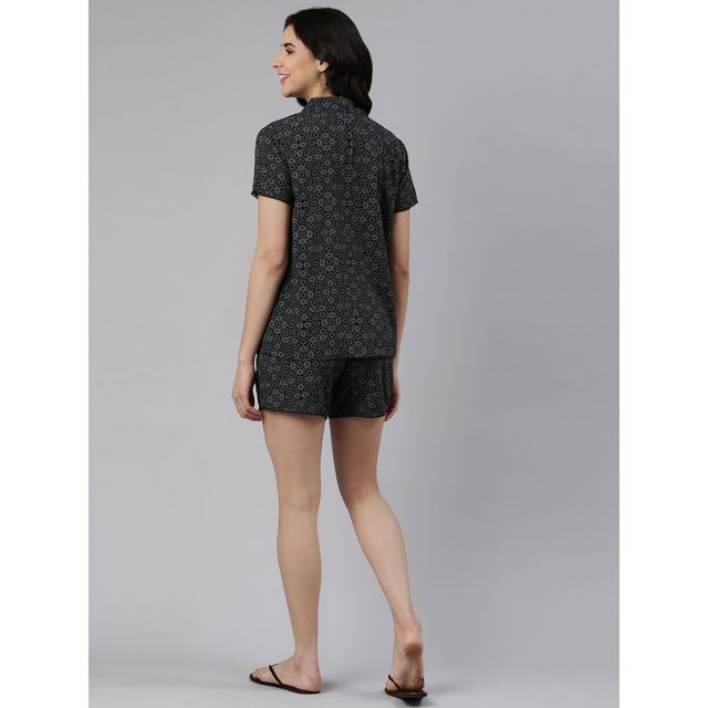Enamor Essentials EC13 Women s Modal Woven Printed Shirt And Shorts Set | Black | L