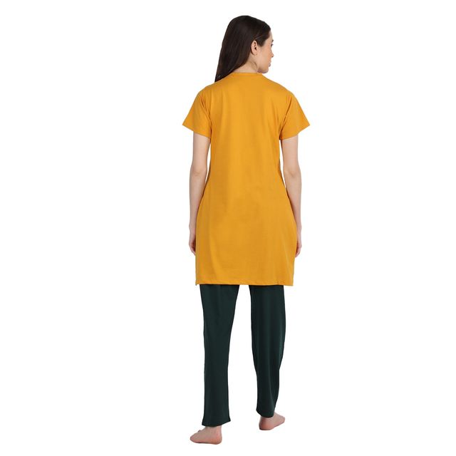Duchess Women s Cotton Regular Fit Printed-Embroided Long Night Suit Set | Mustard-Olive | 2XL