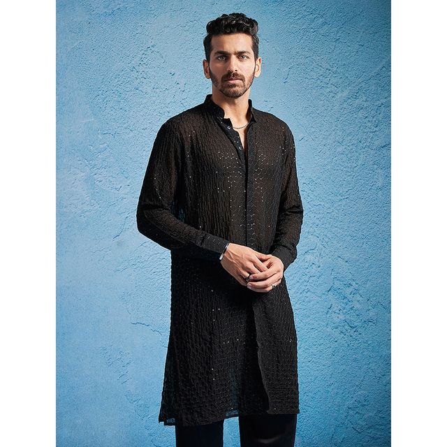 Vastramay Men's Georgette Kurta | Black - M