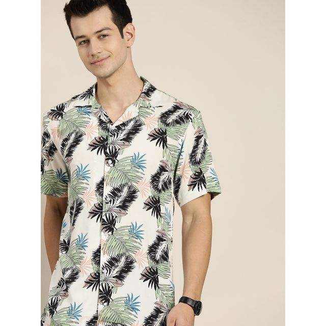 Hancock Men's Tropical Printed Cuban Collar Short Sleeve Casual Shirt - White & Green | 40