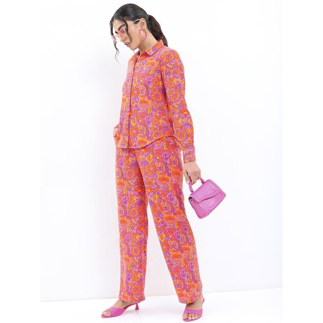 Ketch Women Floral Printed Shirt With Trousers Co-ords | Purple | L