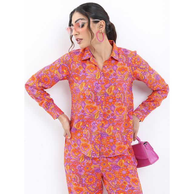 Ketch Women Floral Printed Shirt With Trousers Co-ords | Purple | L