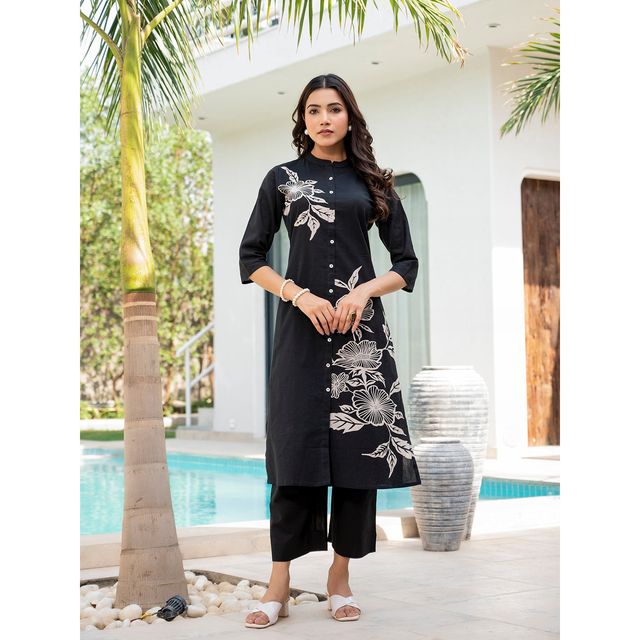 Divena Women s Black Floral Printed Cotton A-Line Fit Kurta Pant Set | DBK1364 | L