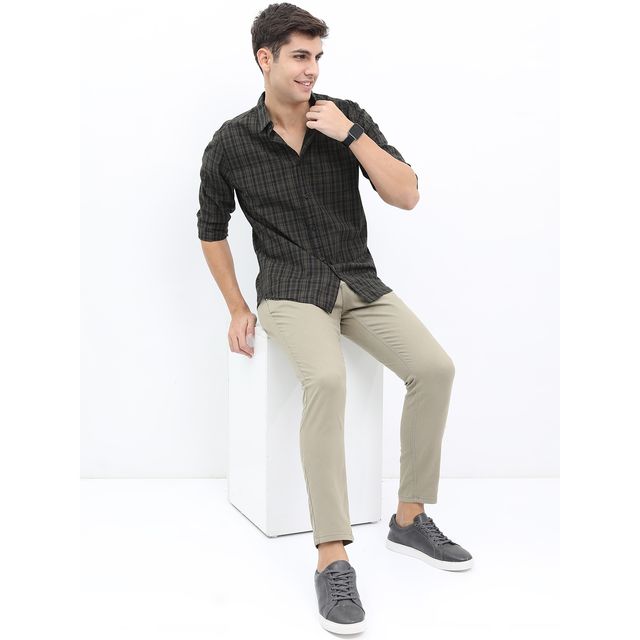Highlander Men's Slim Fit Checked Casual Shirt - Olive and Black | M