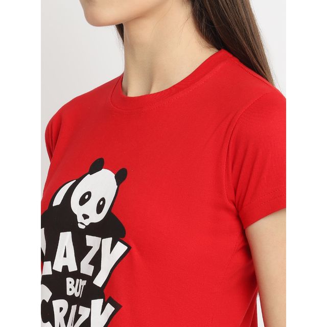 Fabflee Women Regular Cotton Printed Round Neck Tshirt | Red | FAB-WT-37 | XL
