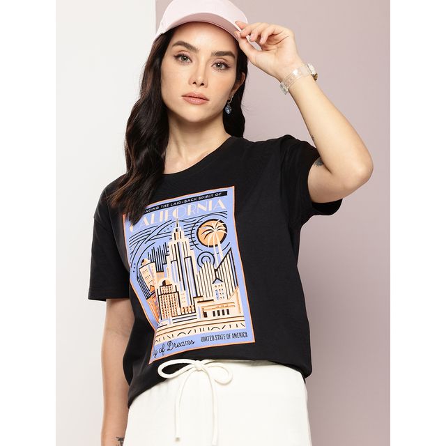 Dillinger Women's Boxy Regular Printed T-shirt | WMNCR640BLK | Black - L