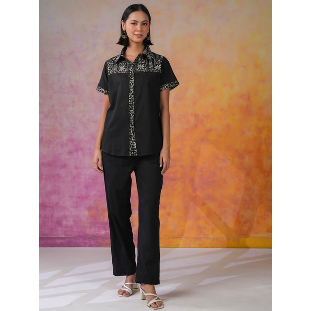 Sanskrutihomes Printed Shirt Collar Shirt With Trousers Co-Ords Set for Women s | Black | XXL