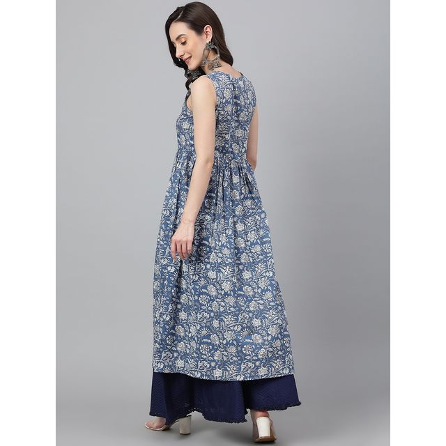 Janasya Women s Blue Pure Cotton Floral Print Flared Kurta - JNE4031-KR - M