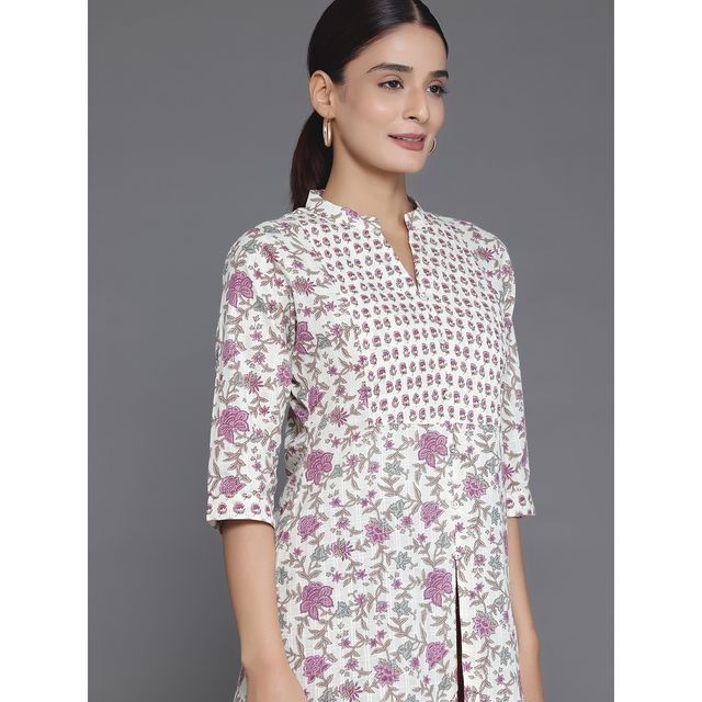 Libas Women's Off White Printed Cotton Blend Straight Kurti | M
