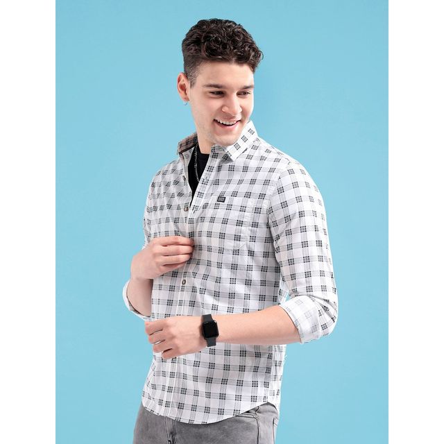 The Indian Garage Co Men's Slim Fit Checkered Casual Shirt | White - XL