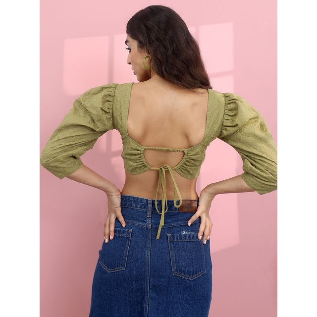 Tokyo Talkies Women's Sweatheart Neck Crop Top | Green - M
