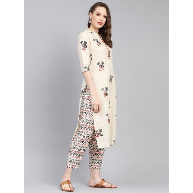 Libas Women's Off | White Printed Cotton Straight Kurta With Trousers | L
