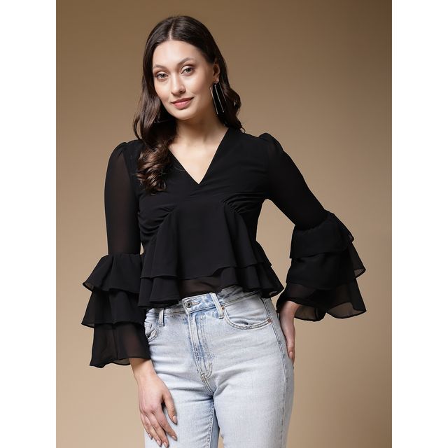 Freehand Women's Fit and Flare Solid Casual Ruffled Top | Black | M