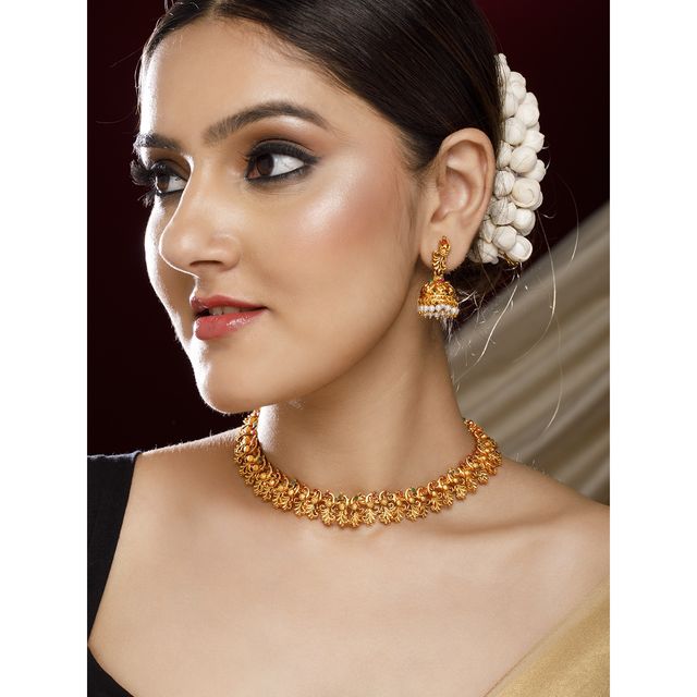 Rubans 22K Gold-Plated Red and Green Studded Temple Jewellery Set