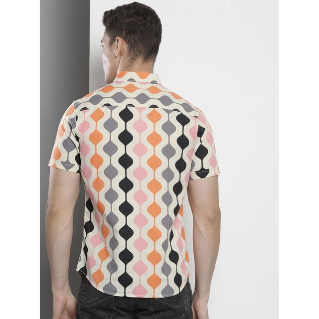 The Indian Garage Co Men's Regular Fit Abstract Print Casual Half Sleeve Shirt | Cream - M