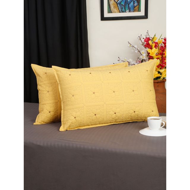 Hosta Homes Pure Cotton Yellow Floral Embroidred Pillow Covers Pack of 2
