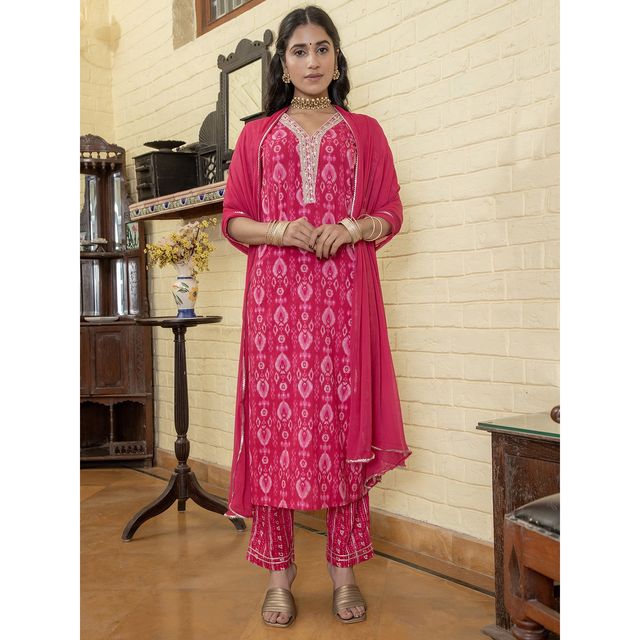 Rangdeep Women s Floral Printed Regular Gotta Patti Kurta with Trousers & Dupatta | Pink | M