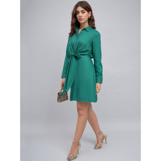 DL Women's Tie Ups Cotton Mini Shirt Dress | DLWDRW23005 | Green - S