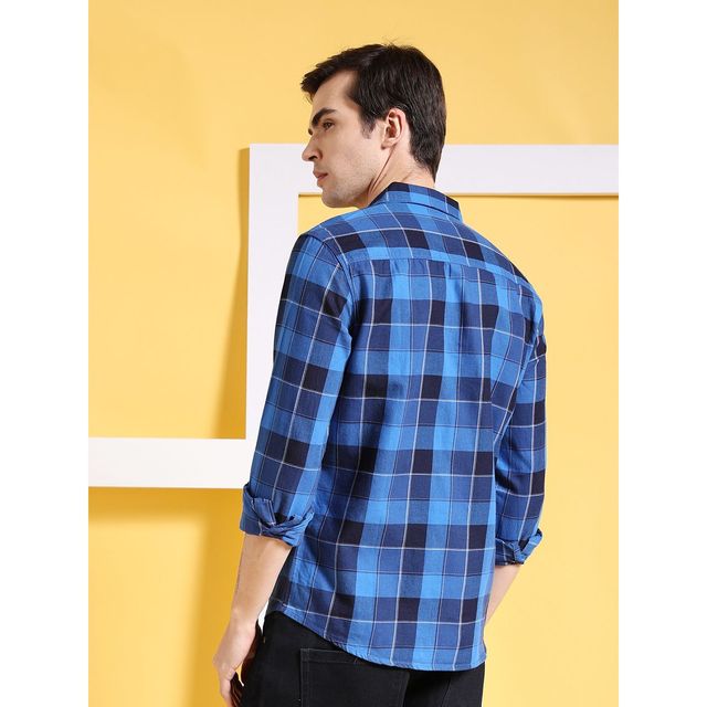 The Indian Garage Co Men's Slim Fit Checkered Casual Shirt | Blue - S
