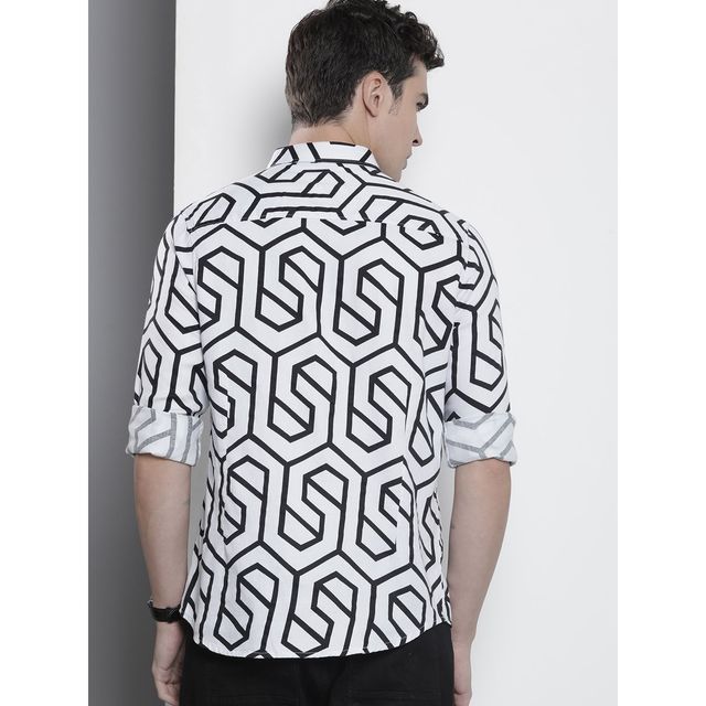 The Indian Garage Co Men's Slim Fit Geometric Print Party Shirt | White - XL