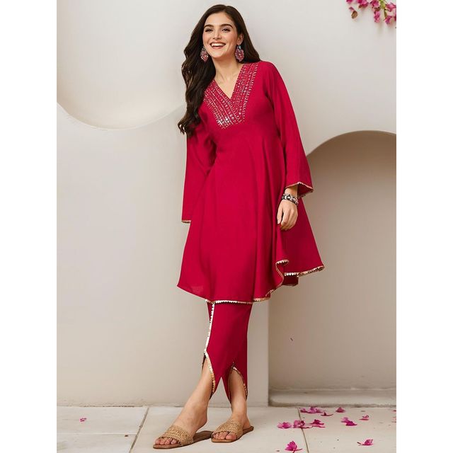 Ishin Women Cotton Kurta Set | INWKTAW24307 | Pink - S