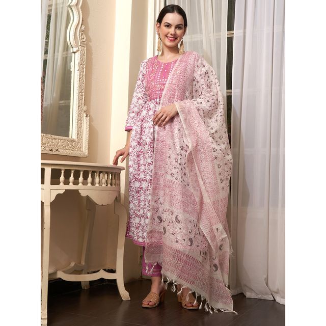 Bandia Women's Floral Printed Yoke Embroidery Kurta Set with Dupatta | BANKS0055 | Mauve | M
