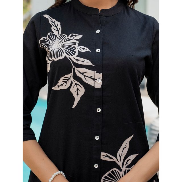 Divena Women s Black Floral Printed Cotton A-Line Fit Kurta Pant Set | DBK1364 | L