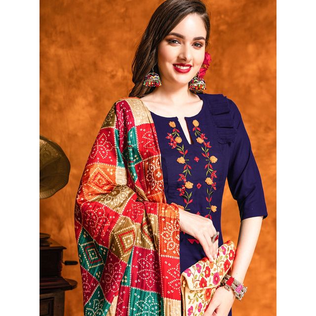 Youthnic Embroidered & Mirror Work Cotton Straight Kurta Dupatta Set | SKD44 - Sawan Navy | M
