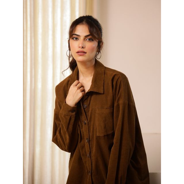 Sanskrutihomes Women's Solid Cotton Night Suit | Brown - S