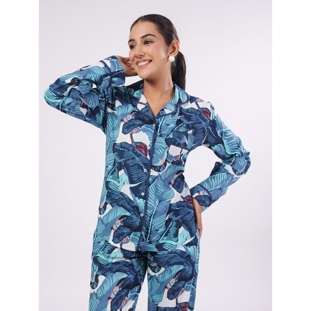 Sanskrutihomes Women's Tropical Cotton Nightwear | Blue - L