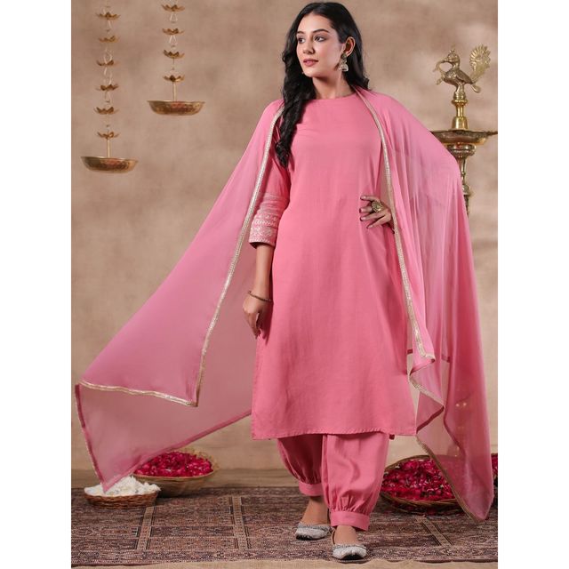 Anubhutee Women's Ethnic Straight Cotton Blend Kurta Set with Dupatta | Coral - L