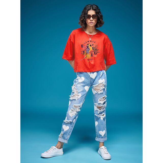 Smartees Women's Oversize Printed T-shirt | WW - Boxy - 3003 | Orange - XL