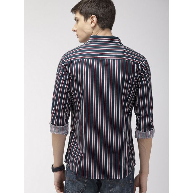 The Indian Garage Co Men's Slim Fit Multi Stripes Casual Shirt | Navy Blue - 2XL