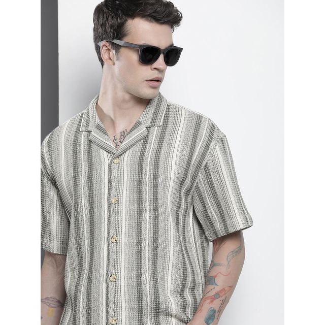 The Indian Garage Co Men's Relaxed Fit Striped Resort Wear Half Sleeve Shirt | Cream - S