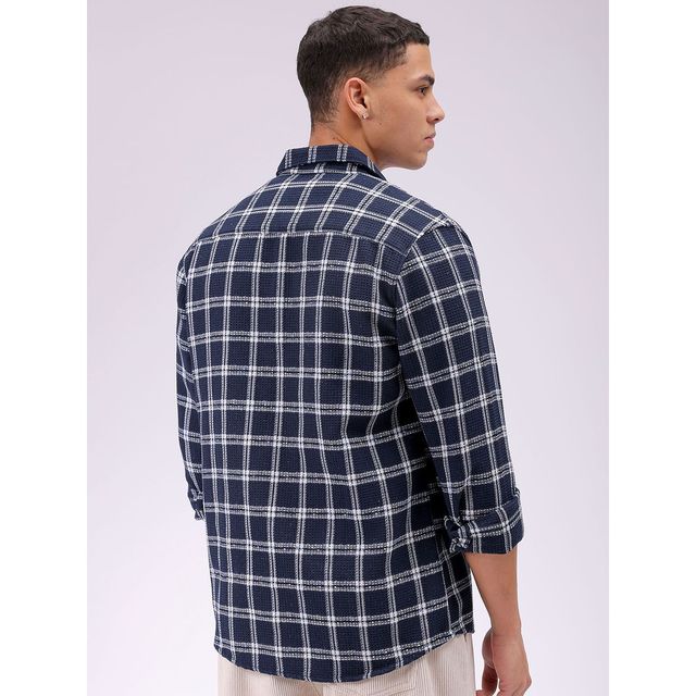 The Indian Garage Co Men's Regular Fit Checkered Resort Shirt | Navy Blue - S