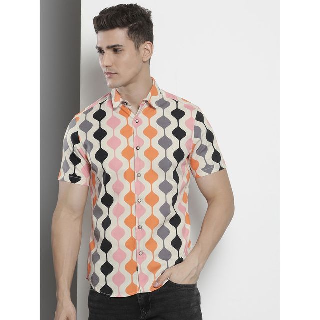 The Indian Garage Co Men's Regular Fit Abstract Print Casual Half Sleeve Shirt | Cream - M