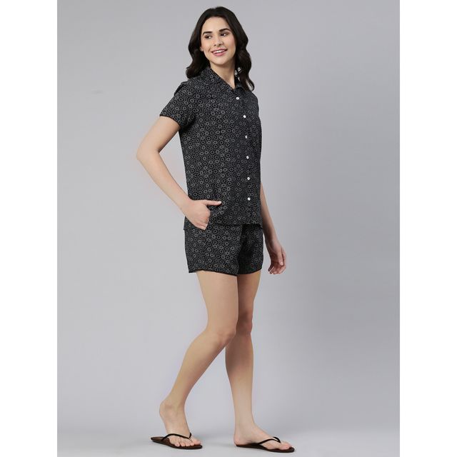 Enamor Essentials EC13 Women s Modal Woven Printed Shirt And Shorts Set | Black | L