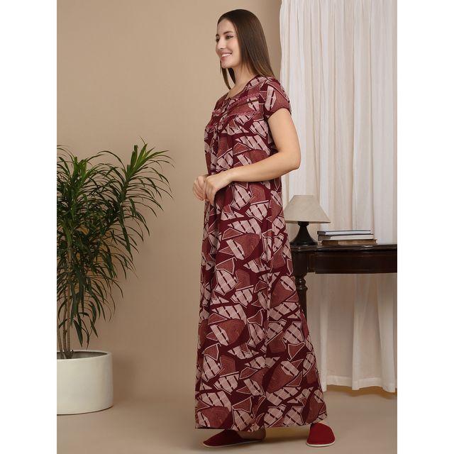 Sweet Dreams Women Printed Full Length Night Dress - L Ocw | 3826 Maroon