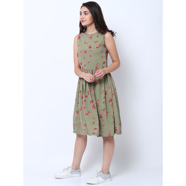 Tokyo Talkies Women's Printed Fit and Flare Dress | Green - XL
