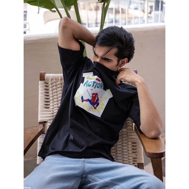 Bonorganik Men's Spiderman Oversize Front Print T-shirt | BON12013 | Black - XL