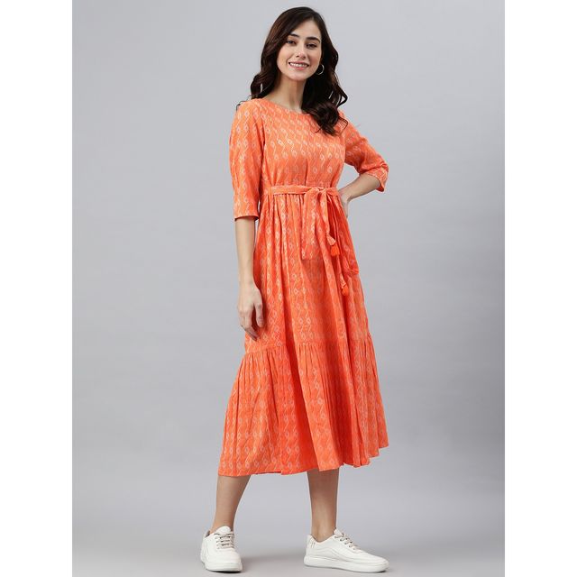 Janasya Women s Orange Pure Cotton Woven Design Tiered Western Dress - JNE3870-DR - S
