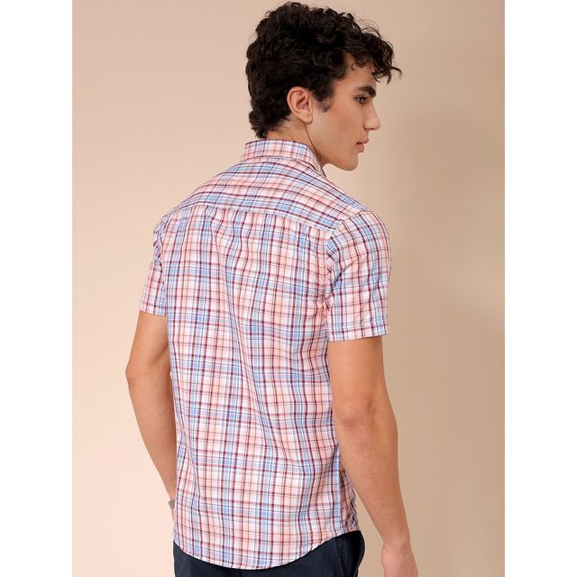 The Indian Garage Co Men's Slim Fit Half Sleeve Shirt | Peach - XL