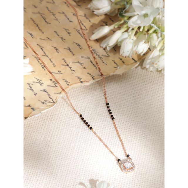 Rubans 18k Rose Gold Plated AD & CZ Studded Mangalsutra Necklace with Black Beads