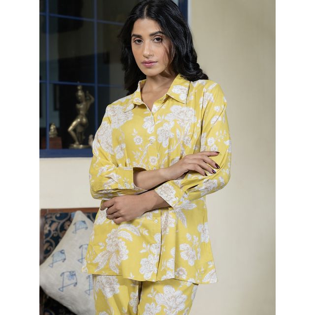 Sanskrutihomes Floral Printed Night Suit | Yellow - White | M