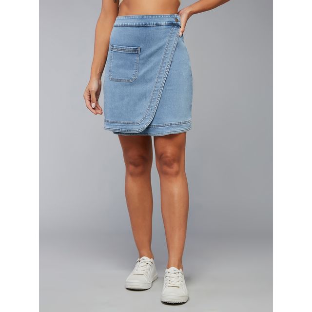 Miss Chase Women s Fiddler On The Roof Denim Skirt Light Blue | 34