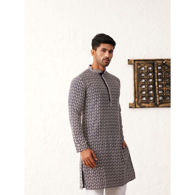 Jompers Sequin Embroidered Pure Cotton Kurtas | KO 5005 Navy | M