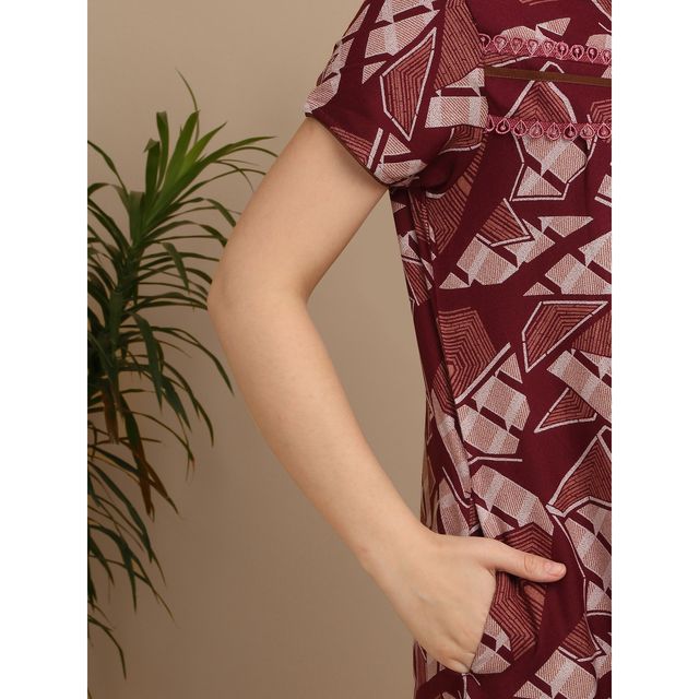 Sweet Dreams Women Printed Full Length Night Dress - L Ocw | 3826 Maroon